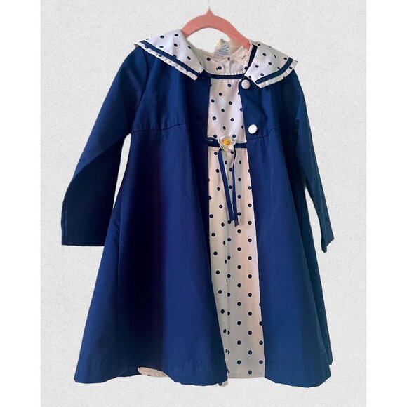 Vintage 3T Polka Dot Dress with Matching Coat: Navy Blue Cotton Blend - Picture 1 of 9